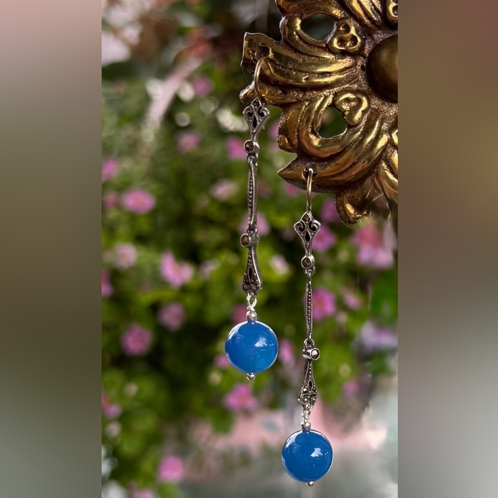 Blue Agate Marcasite Drop Earrings